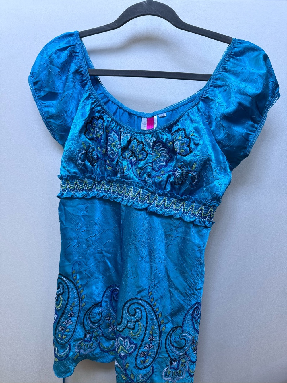 Heart Soul Y2K fairy core vibrant blue Embroidered Boho milkmaid babydoll Top L